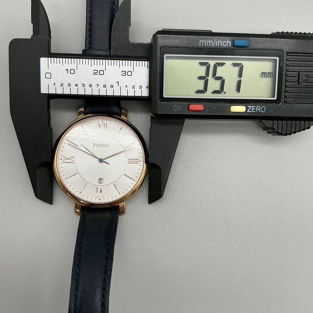 Fossil ES3843 Womens Watch 36mm Silver Tone Black Leather Date Dress New Battery